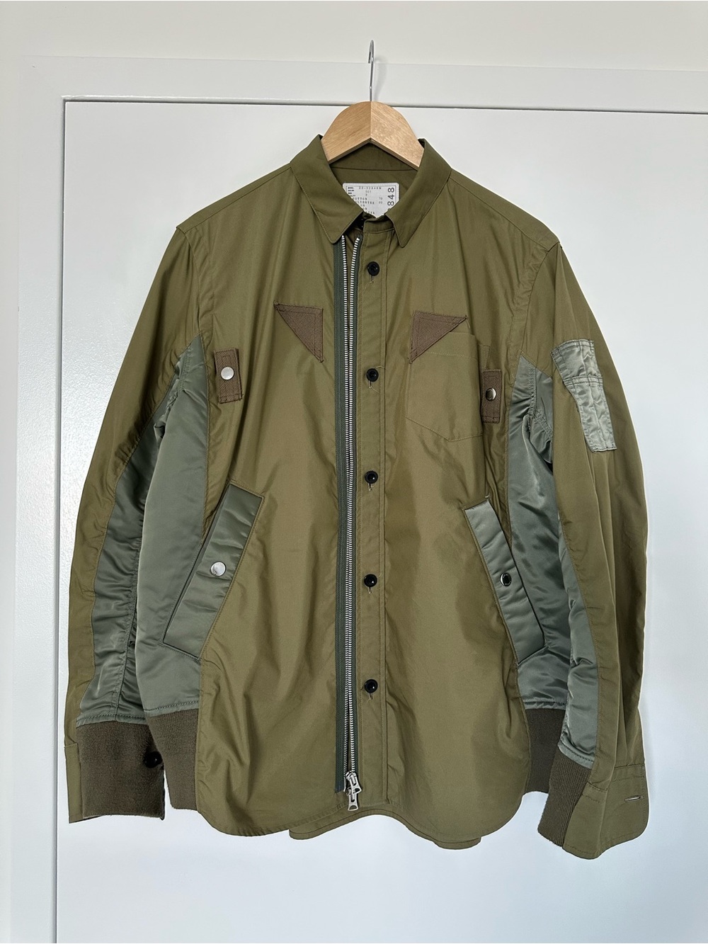 Sacai Olive Green Mixed-Fabric Bomber Jacket